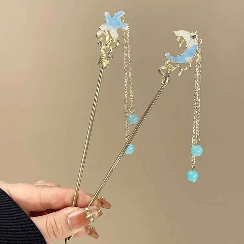 Exquisite Blue Crystal Star Moon Hair Stick for Women Girls Chinese Style Fl
