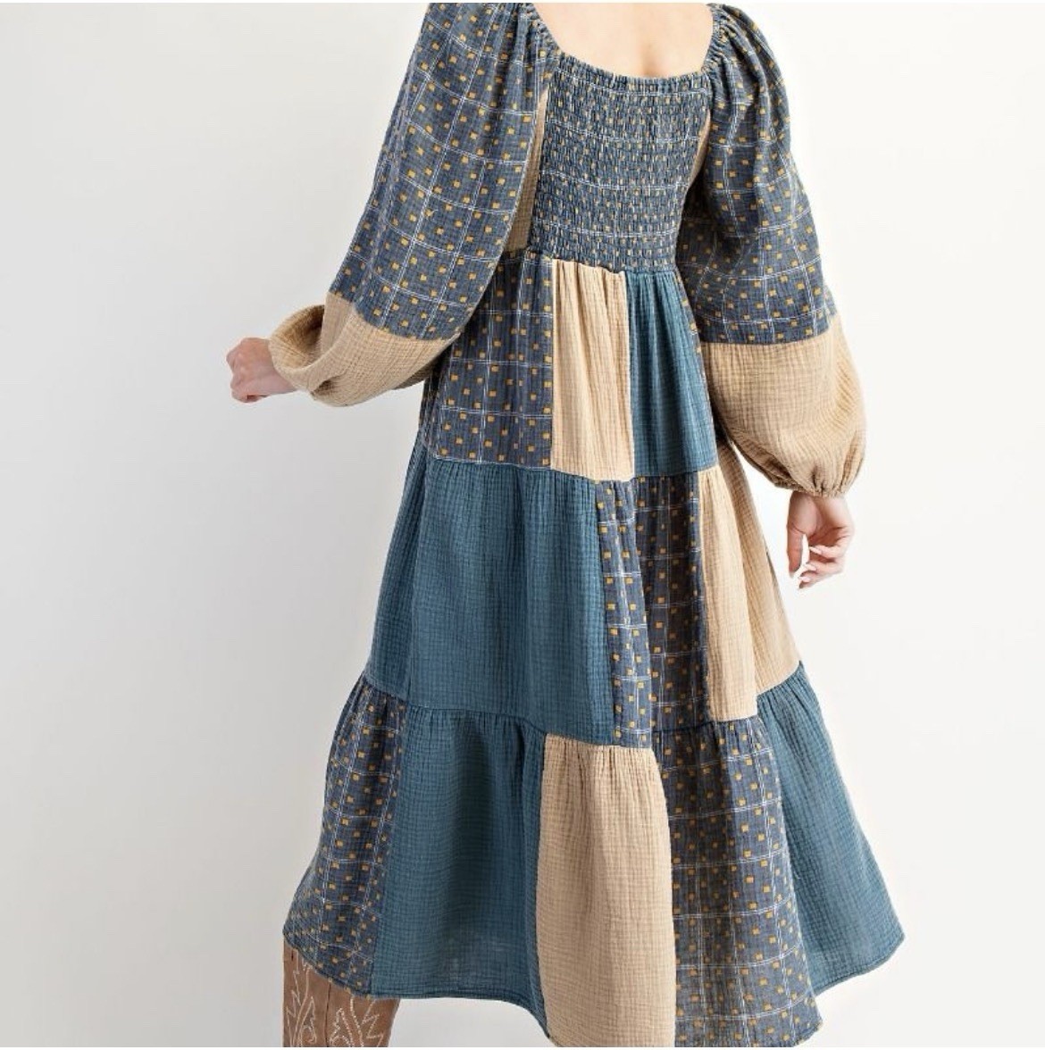 ED27367 Teal Khaki Patchwork Washed Cotton Gauze Dress