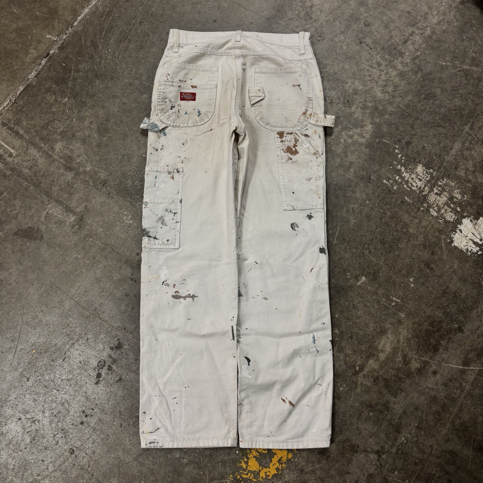 Vintage 90s Distressed Paint Splatter White Canvas Dickies Carpenter Pants 30×30