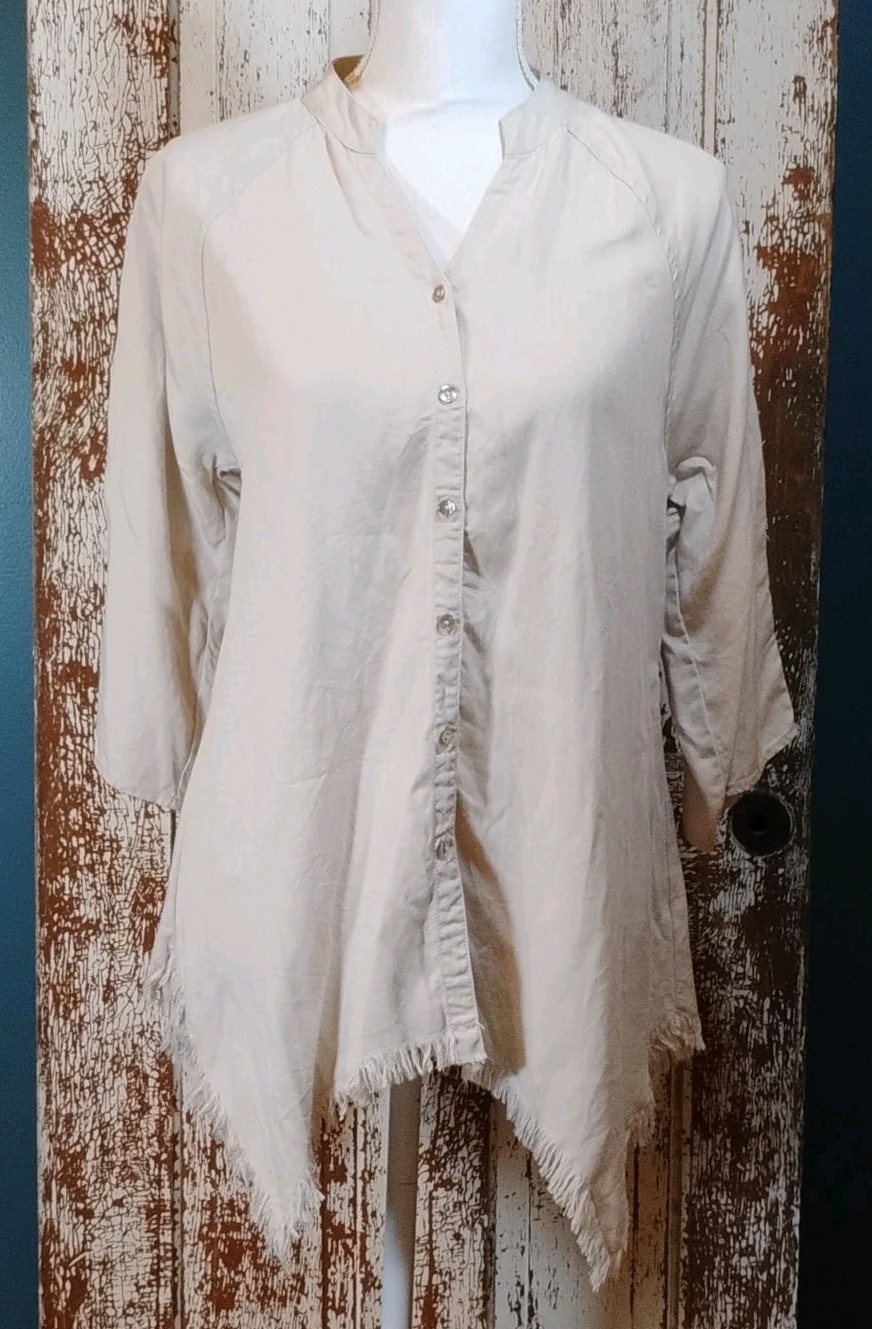 Anthropology Hester And Orchard Beige Tencel Woven Button-Up Fringed 3/4 S