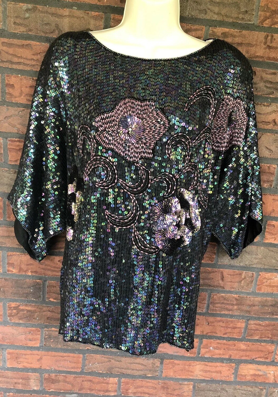 Iridescent Beaded Blouse XL 100% Silk Short Sleeve Top Shoulder Pad Lined Sequin