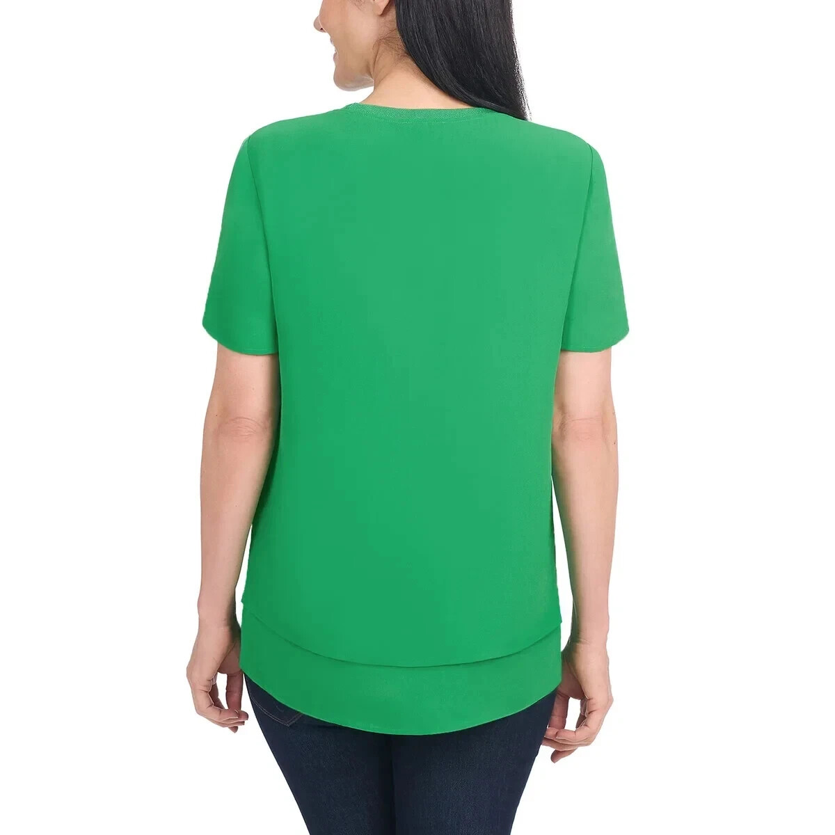 Hilary Radley Women’s Short Sleeve Double Layer Blouse, Green, Size XL