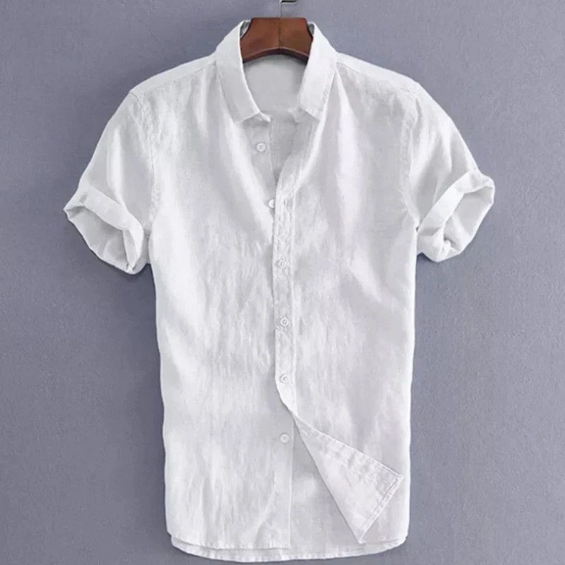2026 NEW Men’s Summer Cotton Linen Short Sleeve Shirt Casual Solid Button-Down