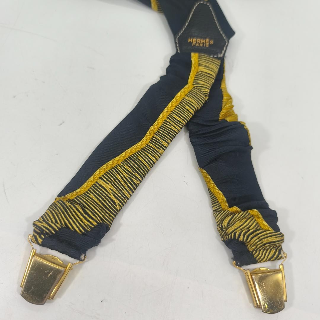 Hermes Paris Silk Suspenders Black Multicolor All Over Pattern Length 82cm w/Box