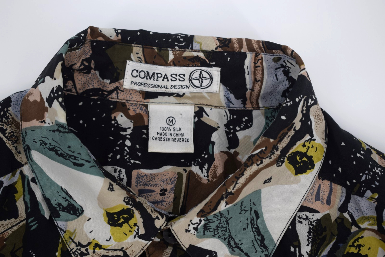 Compass 100% Silk Shirt Mens Medium Abstract Print Hawaiian Camp Shirt