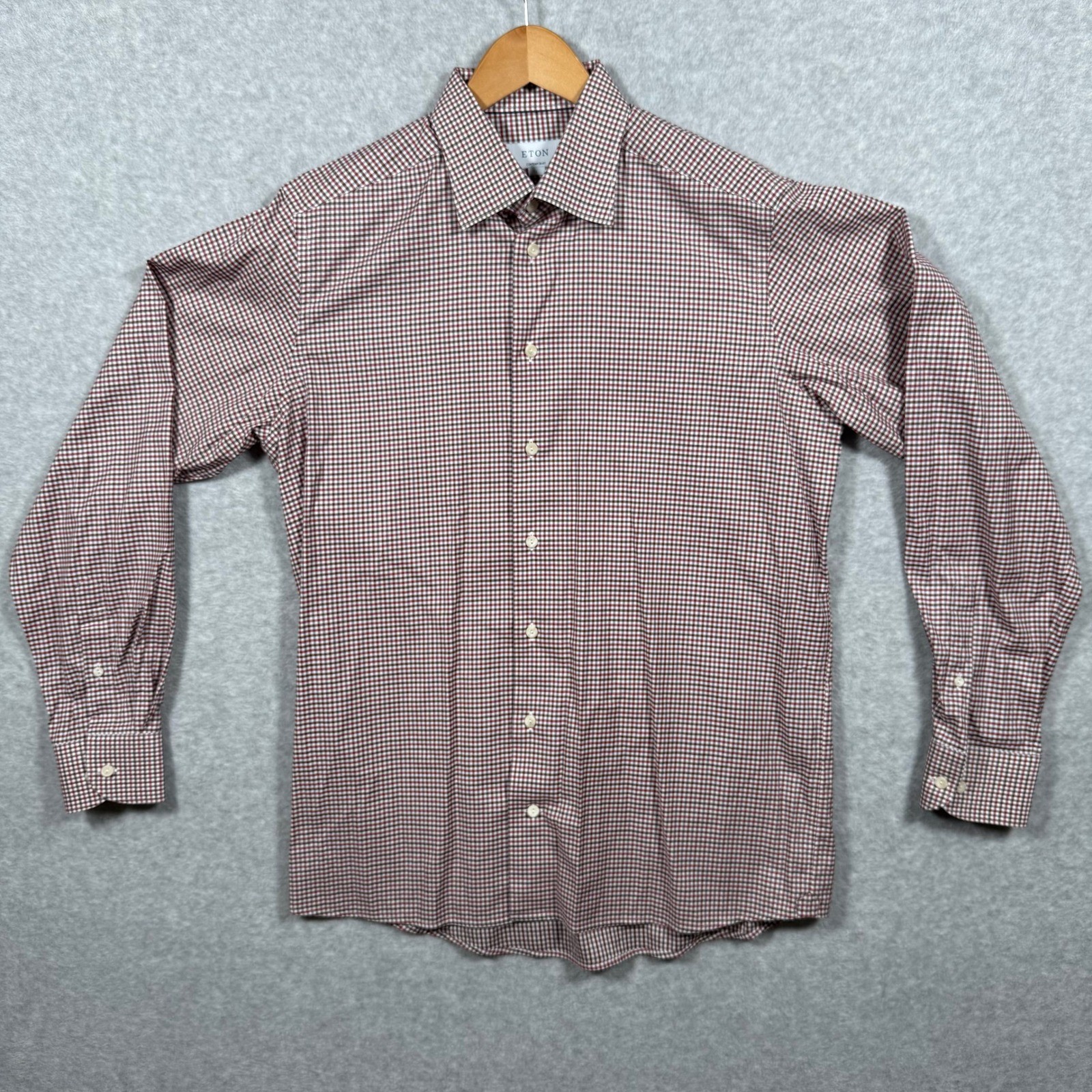 Eton Contemporary Fit Dress Shirt Mens 16.5 42 Burgundy Gingham Cotton Lyocell