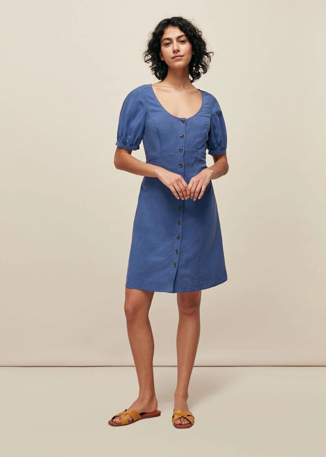 Whistles Tara Scoop Linen Dress UK 12 BNWT Blue Short Mini Button Down RRP 109