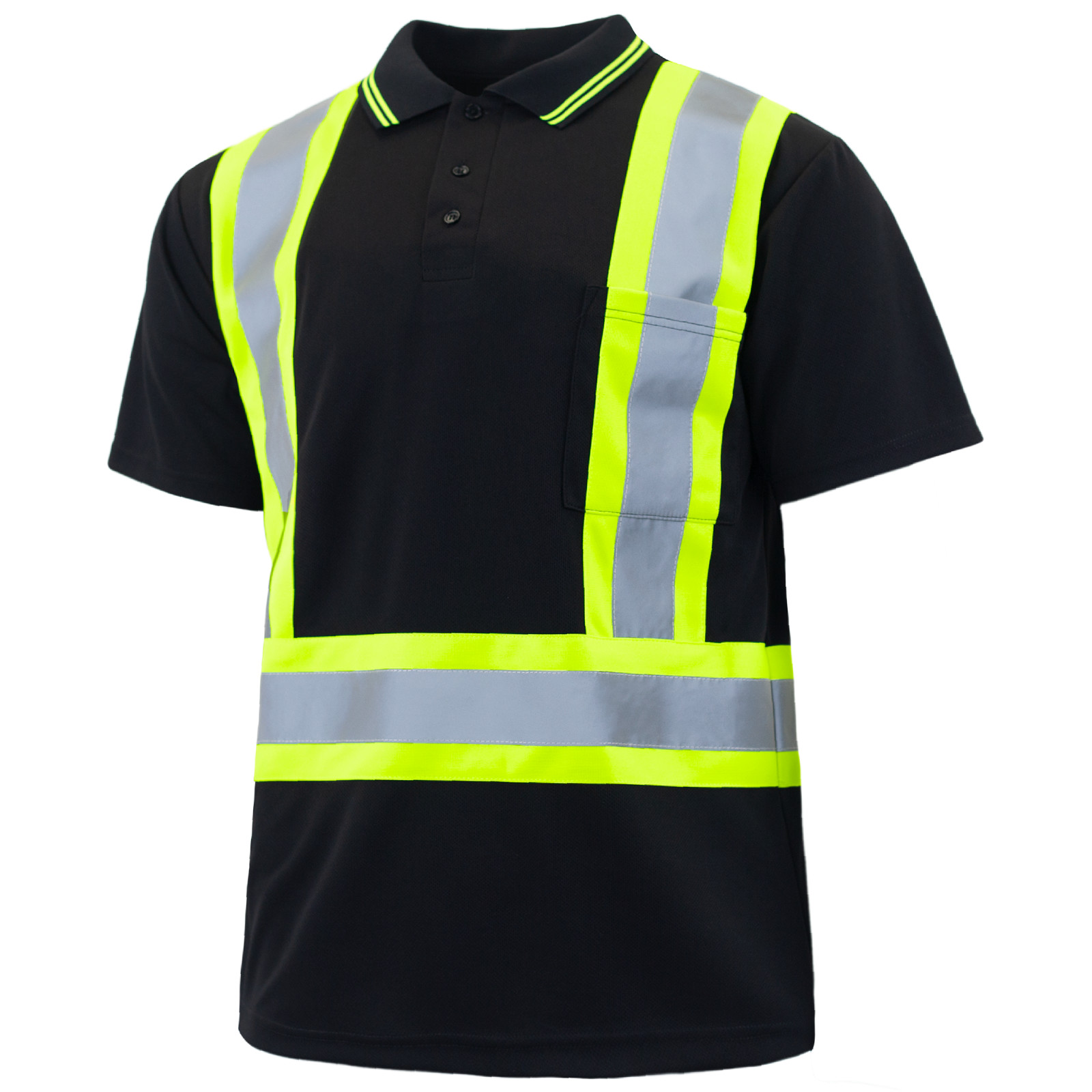Hi-Vis Black Safety Workwear Short Sleeve Polo Shirt Two Tone Reflective Tape