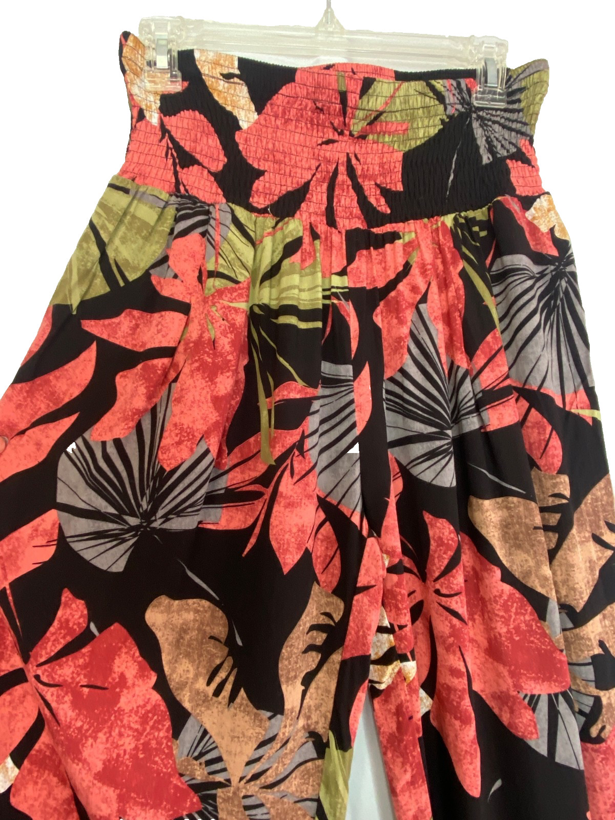 Tropical wide leg pants L XL black coral orange smocking stretch waist lounge