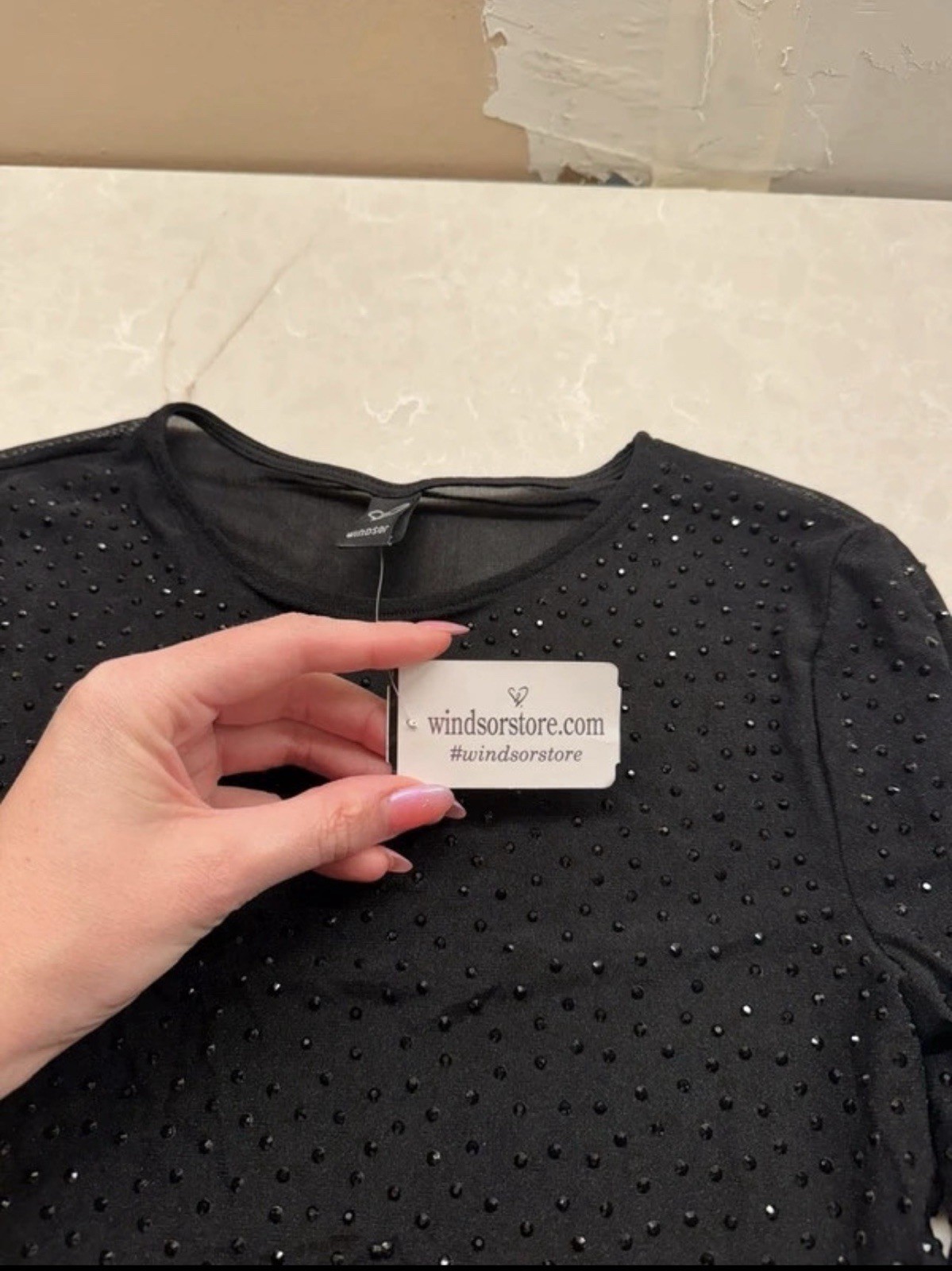 Windsor Women’s Black Rhinestone Mesh Round Neck Long Sleeve Cropped Top S