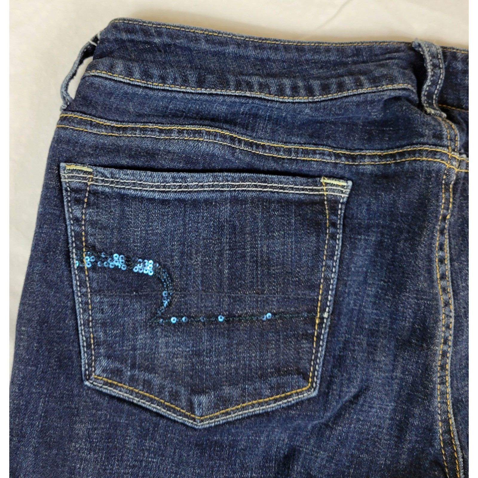 American Eagle Skinny Kick Jeans Womens 12 Reg Dark Wash Sequin Pocket Stretch