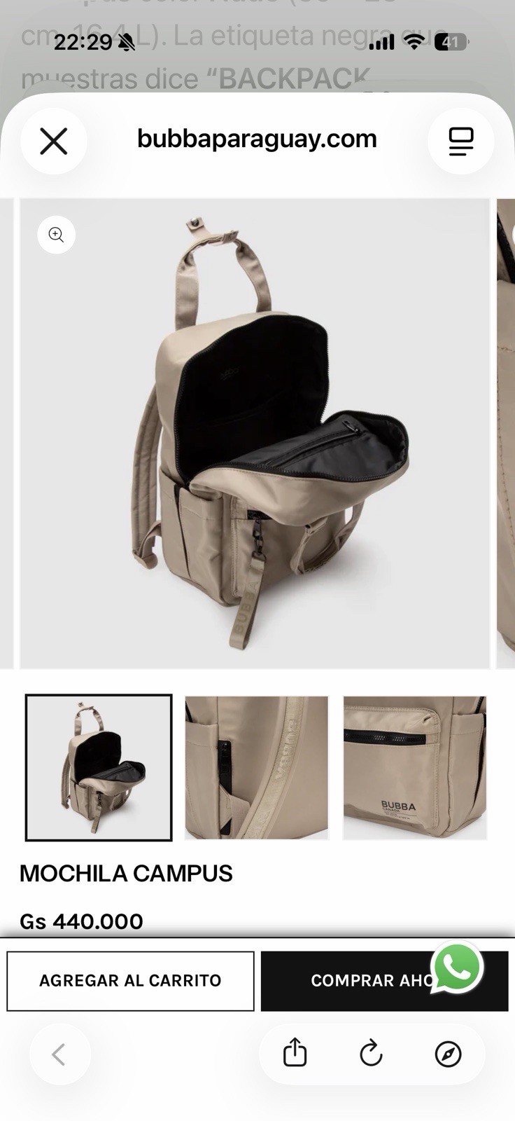 Bubba Essentials Beige Campus Backpack, Waterproof Zip, Bag Charm, Black HW