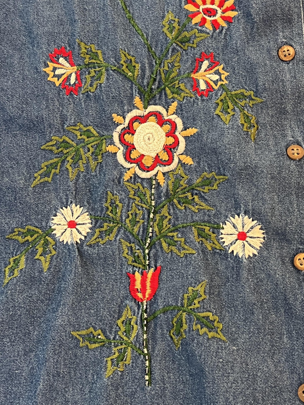 Bobbie Brooks Denim Embroidered Floral Shirt Button Up Tunic Womens XL Blue