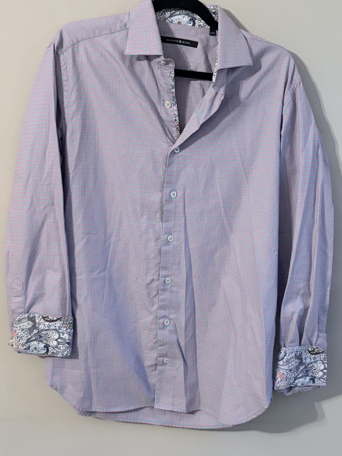 Hammer Made Mens Dress Shirt M 15.5 Pink Blue Check Contrast Paisley Cuffs