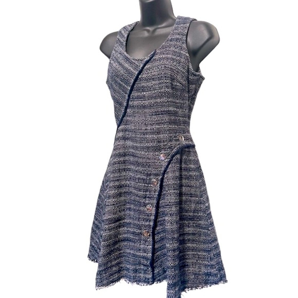 Derek Lam Blue Gray Tweed Size 2 Button Accent Sleeveless Womens Designer Dress