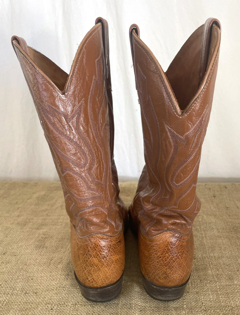 VTG J Chisholm Men Size 11.5D Full Quill Ostrich Leather Cognac Cowboy Boots USA