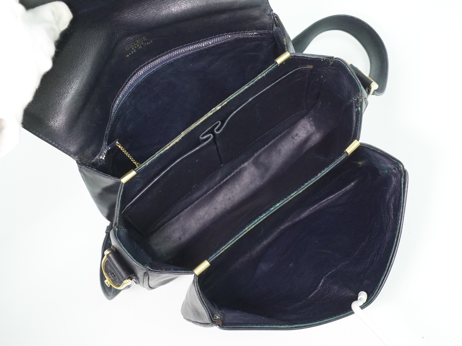 CELINE Horse Carriage Hardware Leather Shoulder Bag Navy Gold
