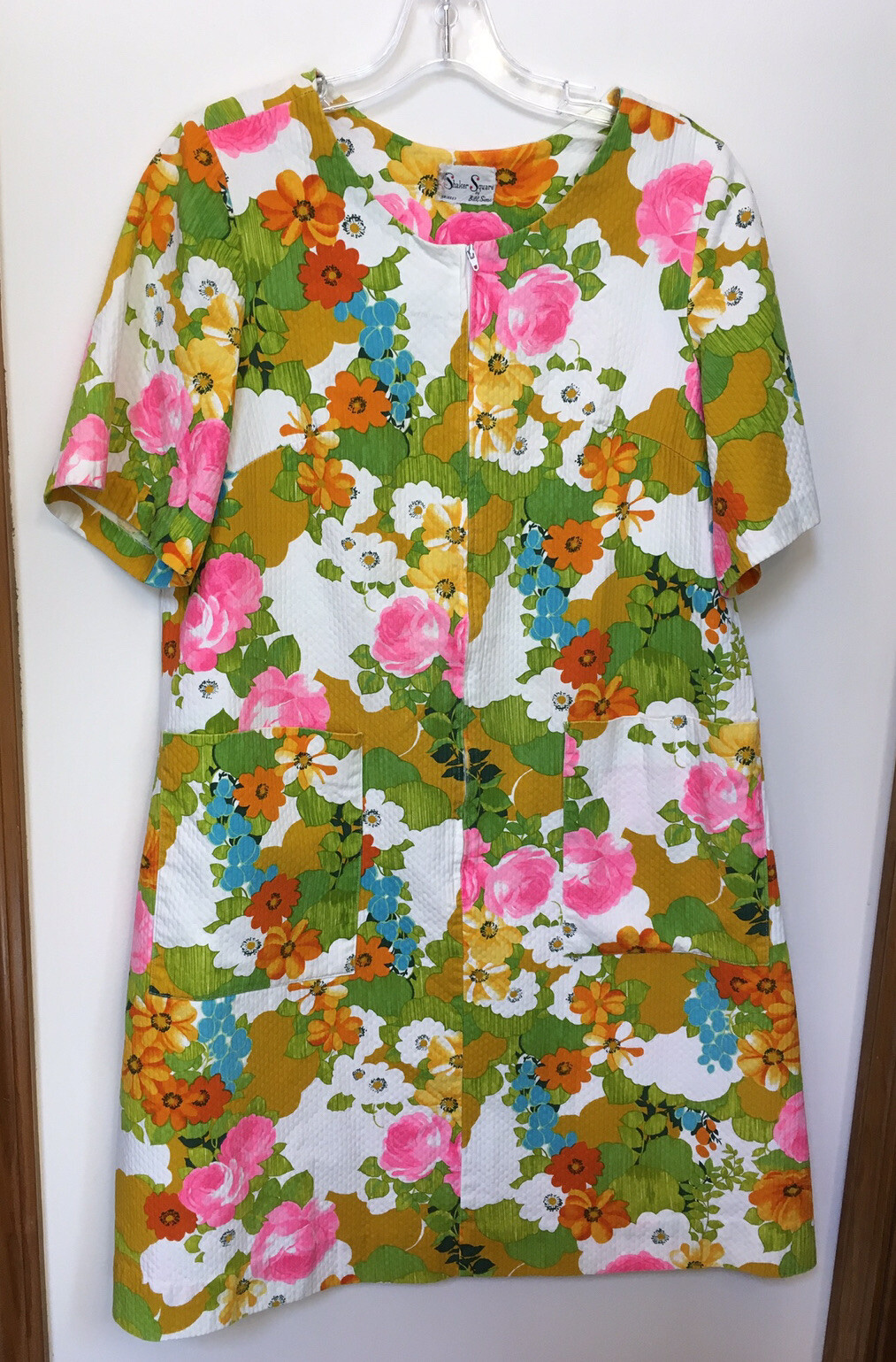 Shaker Square by Bill Sims Vintage Housecoat Front Pockets Metal Zip 60s M/L