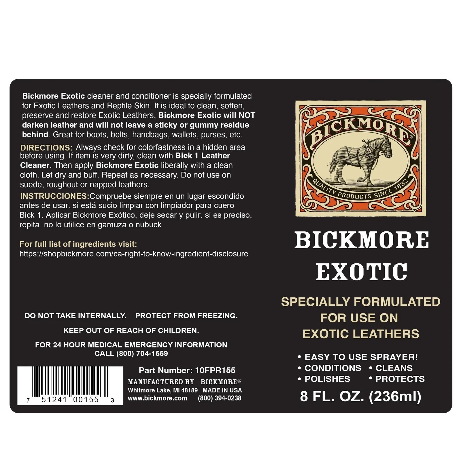 Bickmore Exotic Cleaner Conditioner Spray Formulated Use On Exotic Leather 8oz