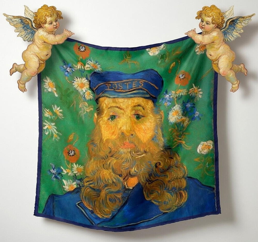 NEW Van Gogh Postman Art SCARF Faux Silk Green Impressionism Man Beard 21″ READ