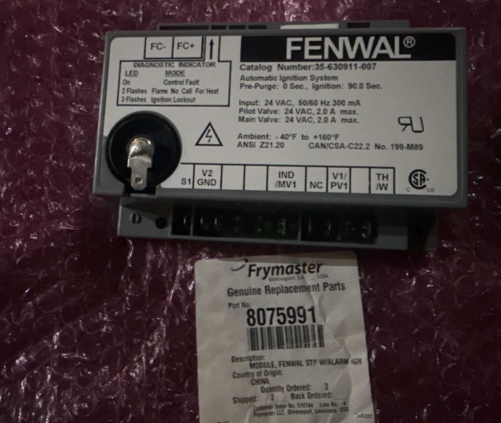 FRYMASTER. 8075991, FENWAL STP IGNITION MODULE W/ALARM 3FQG120