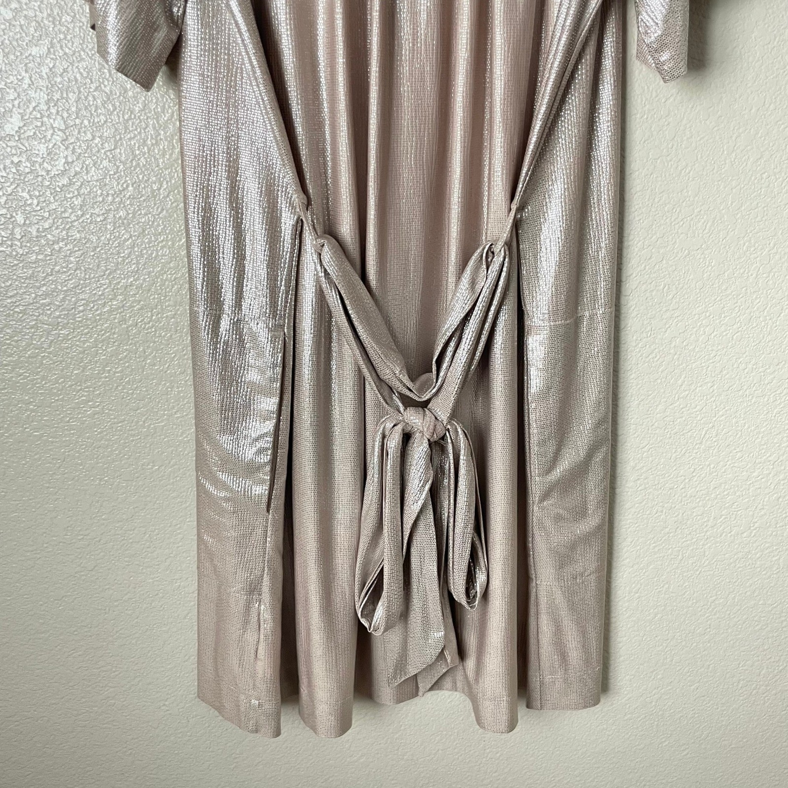 Sabina Musayev Dress Large Metallic Shimmer Pleated Mini Button Front Belted