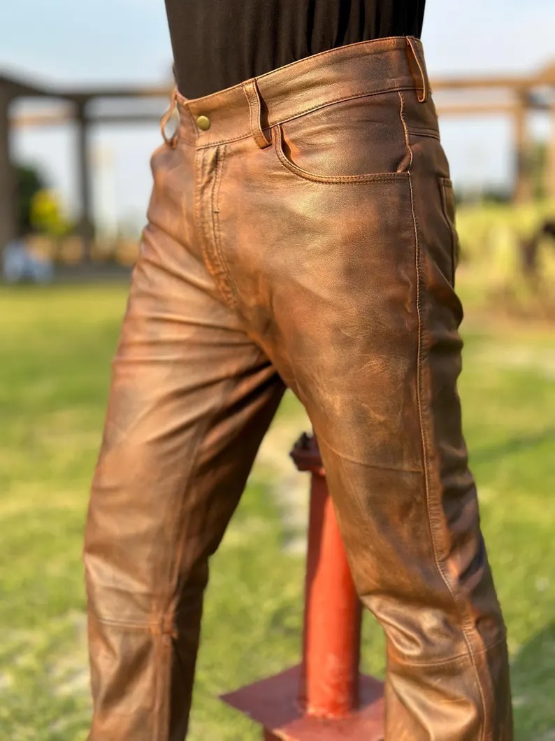 Sheepskin Leather Pant Men Genuine Classic Straight Vintage Brown Cowboy Jeans