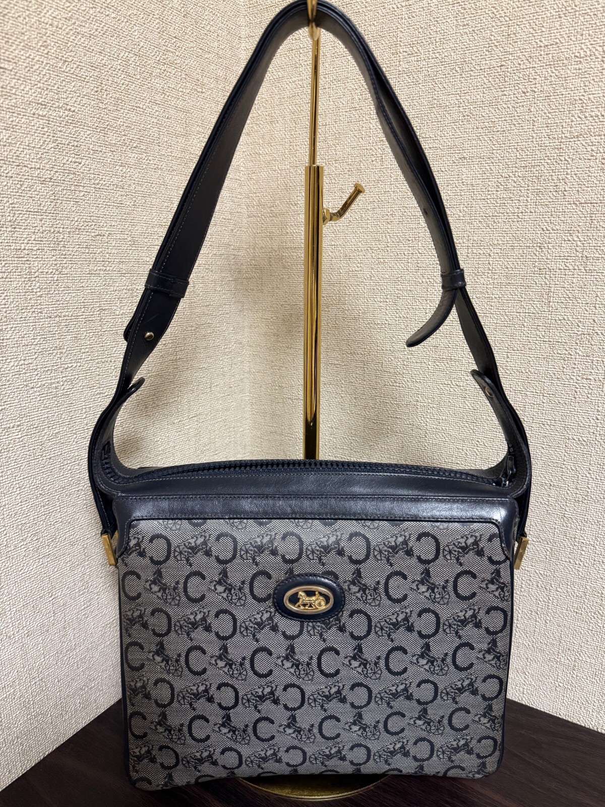 CELINE C Sulky Shoulder Bag Navy Leather Vintage Auth