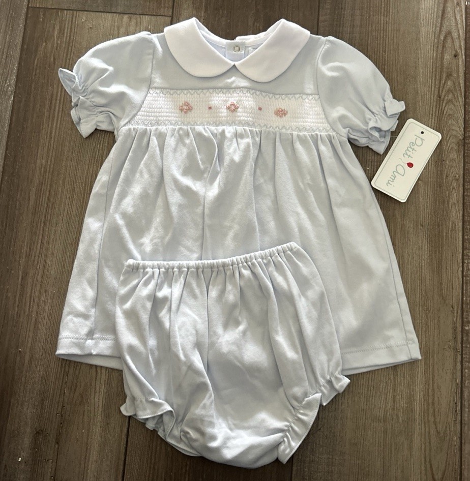 NWT Petit Ami Blue Smocked Baby 2pc Dress 12 Months Bloomers A24