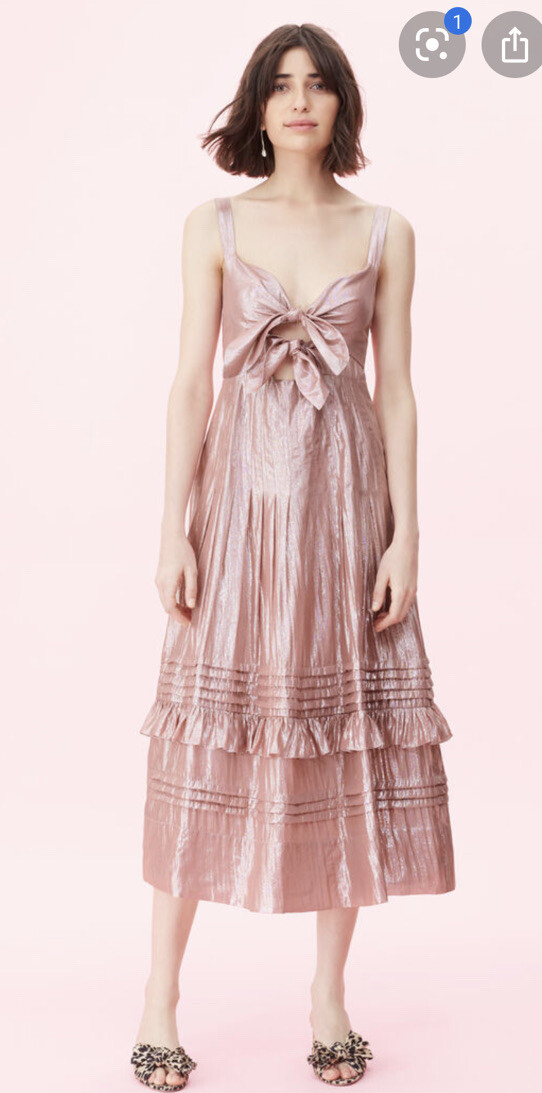 Rebecca Taylor Chiffon Bow Tie Metallic Shimmer Pink Pleated Midi Dress 14