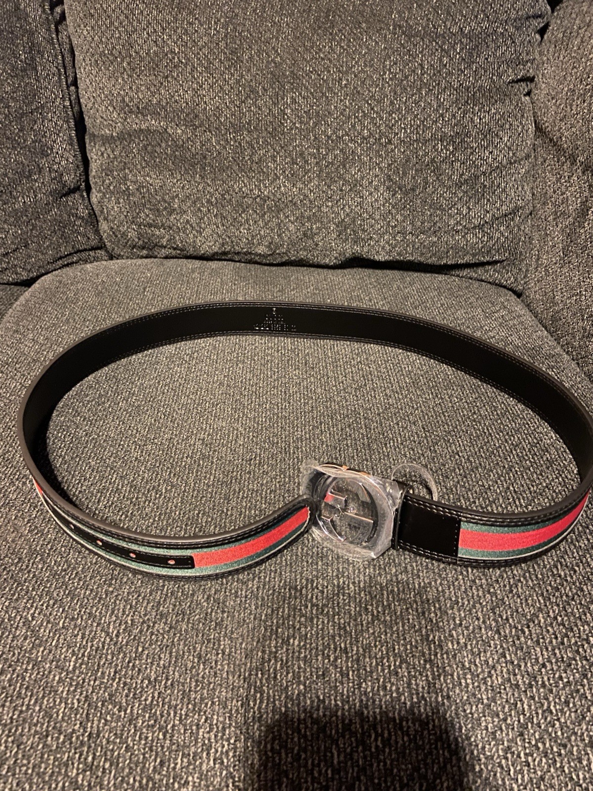 Gucci GG Silver Interlocking Belt Buckle Red Green Black Leather Canvas Men