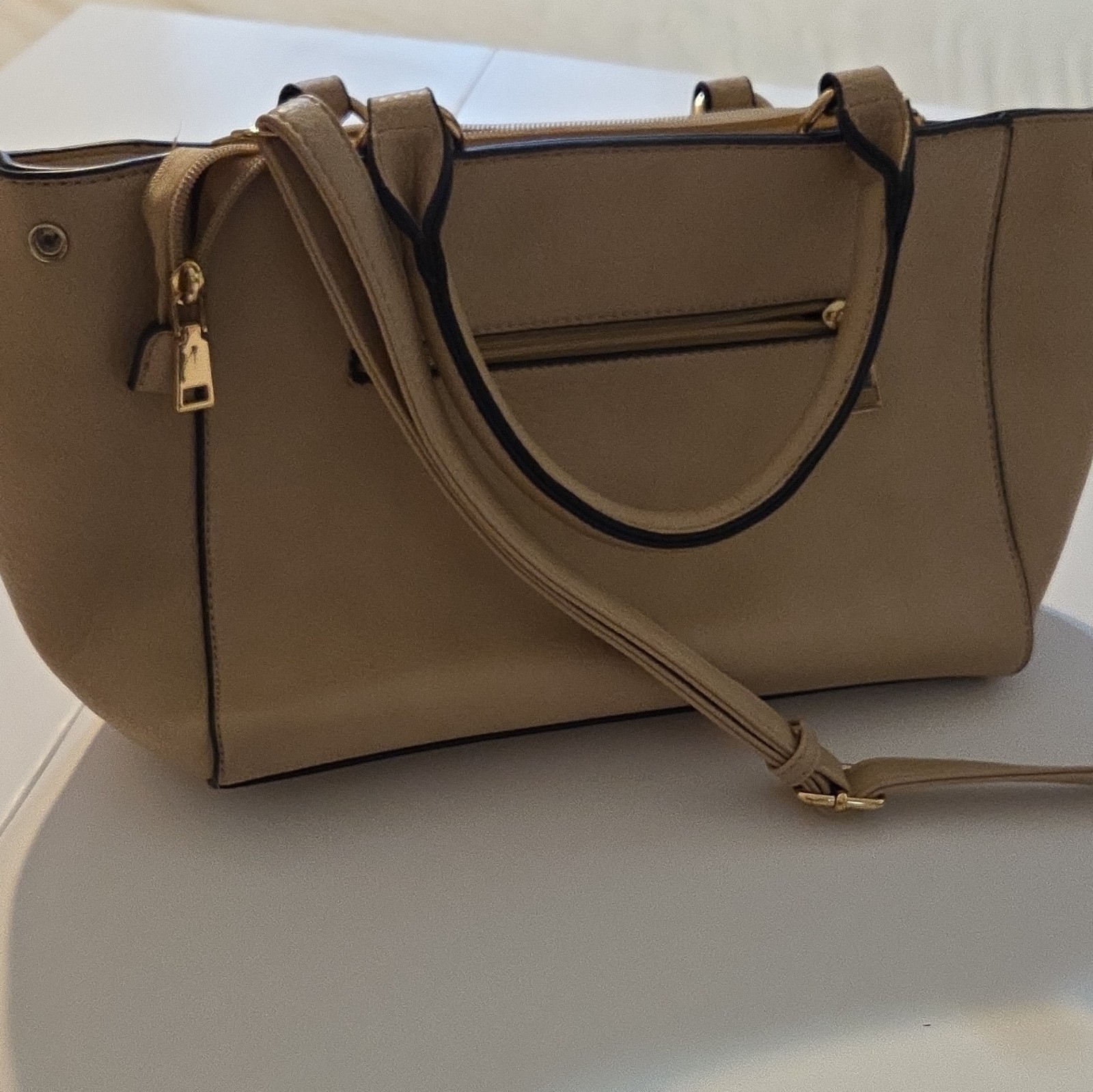 Beige Pebbled Satchel Top Handle Bag Double Handles Zip Turn Lock Strap
