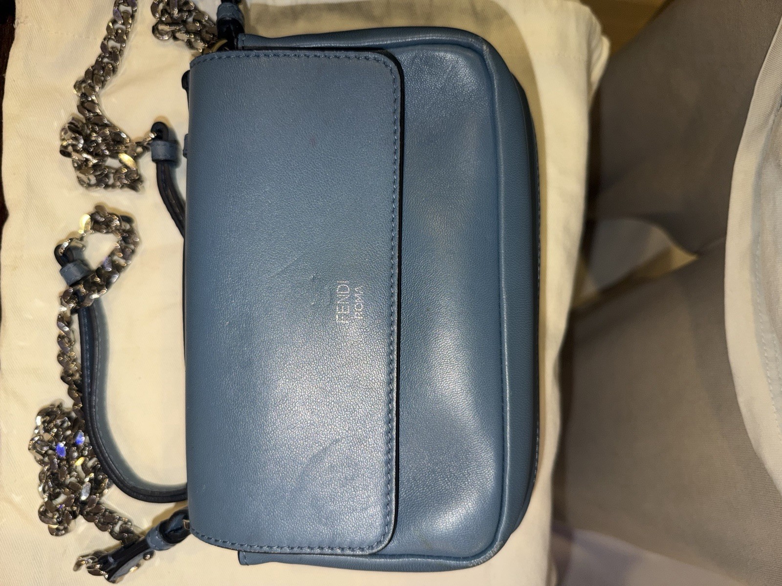 Fendi Blue Quilted Small Crossbody Bag Chain Strap Top Handle Turn Lock