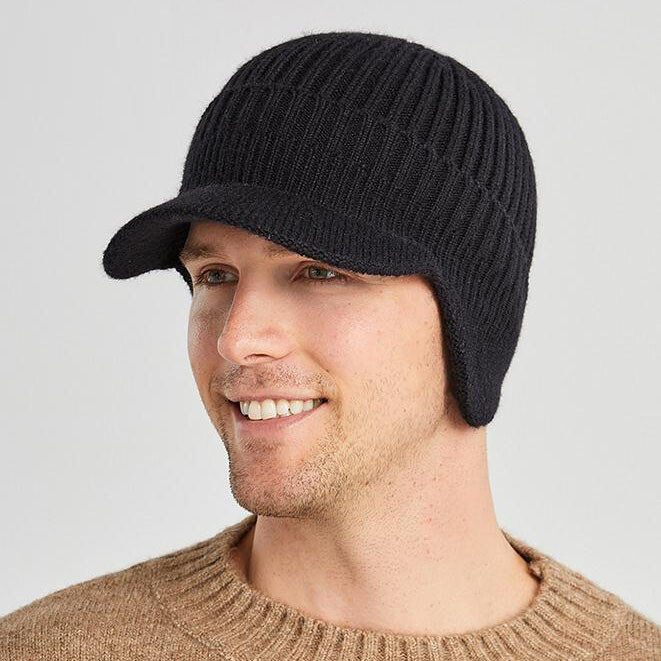 Men Women Knit Hat Winter Warm Stretch Beanie Ear Flaps Cap Outdoor Brim Ski Hat