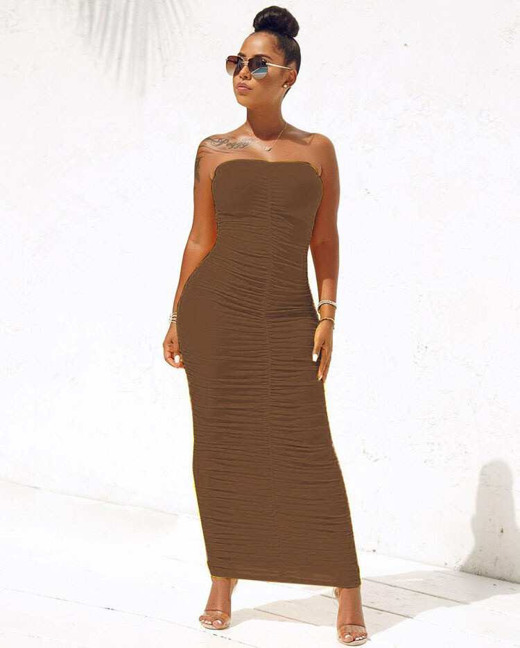 Women’s Sexy Ruched Tight Strapless Sleeveless Bodycon Tube Maxi Long Club Dress