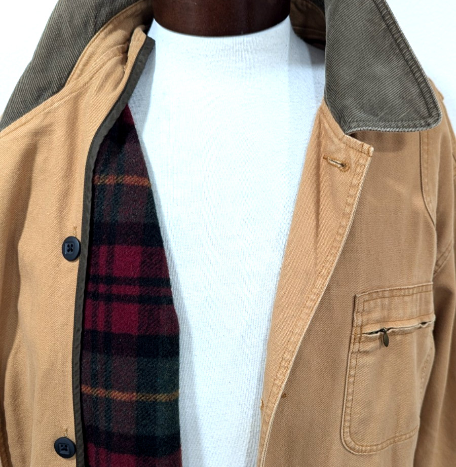 Vtg LL BEAN Barn Chore Coat Tan Canvas Red Plaid Wool Lining Men’s XXL TALL EUC*