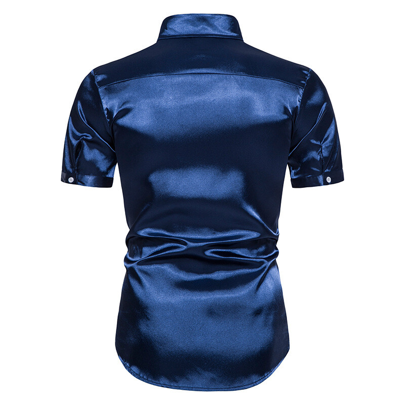 Men Faux Silk Satin Glossy Tops Short Sleeve Shirt Fit Button Stage Costumes Top