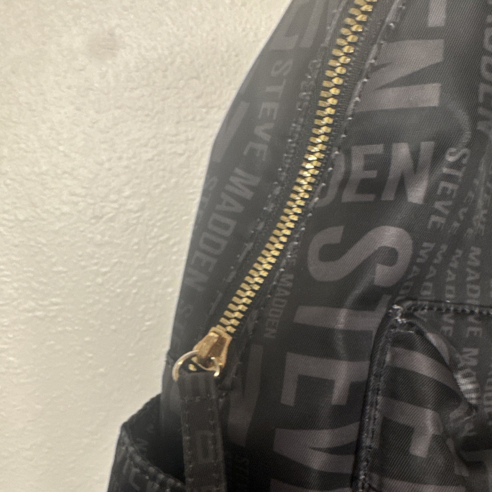 Steve Madden Black/Gray Logo Backpack Floral Pocket Gold Hardware Zip Pockets