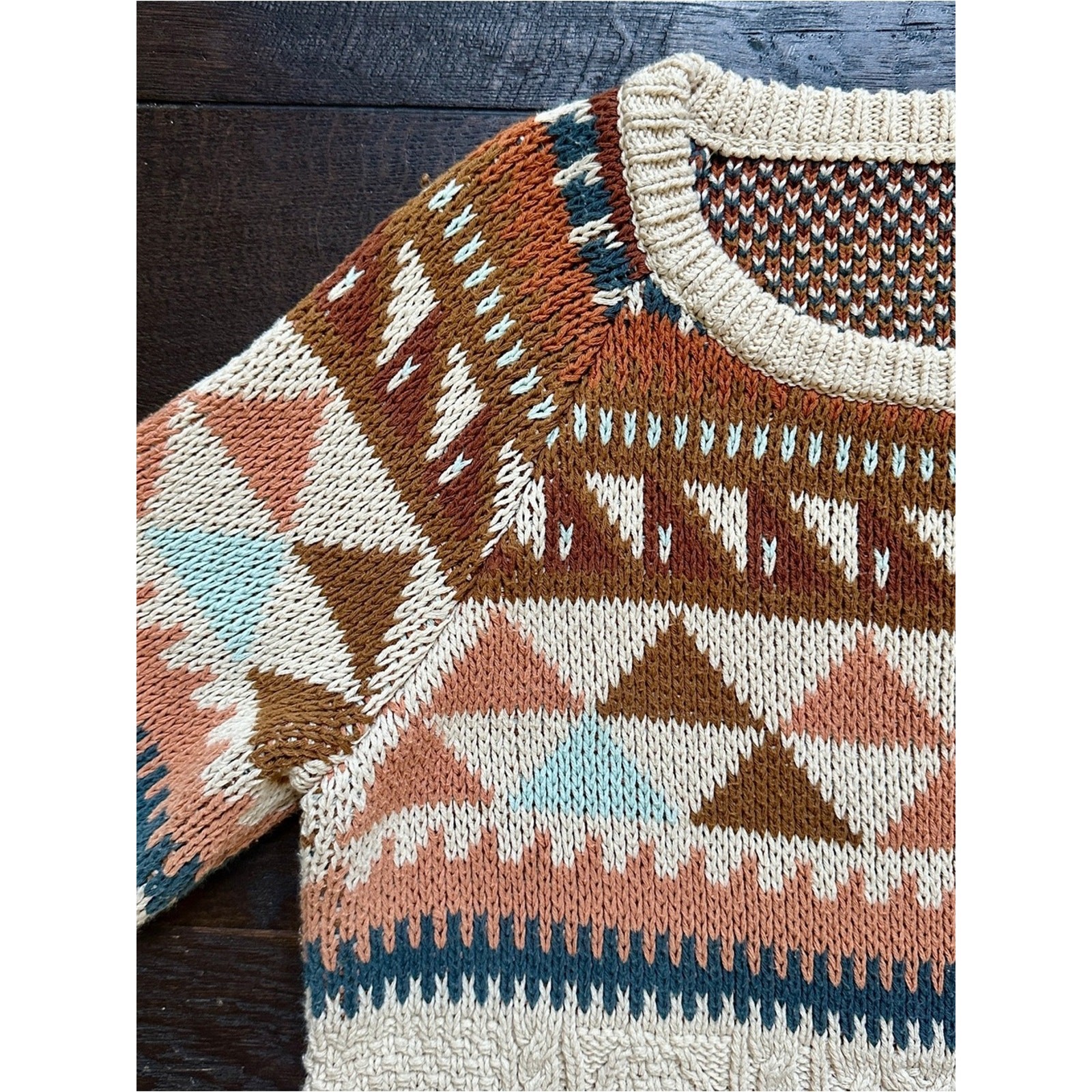 LL Bean Signature Cable-Knit Sweater Cream & Rust Size L 100% Cotton