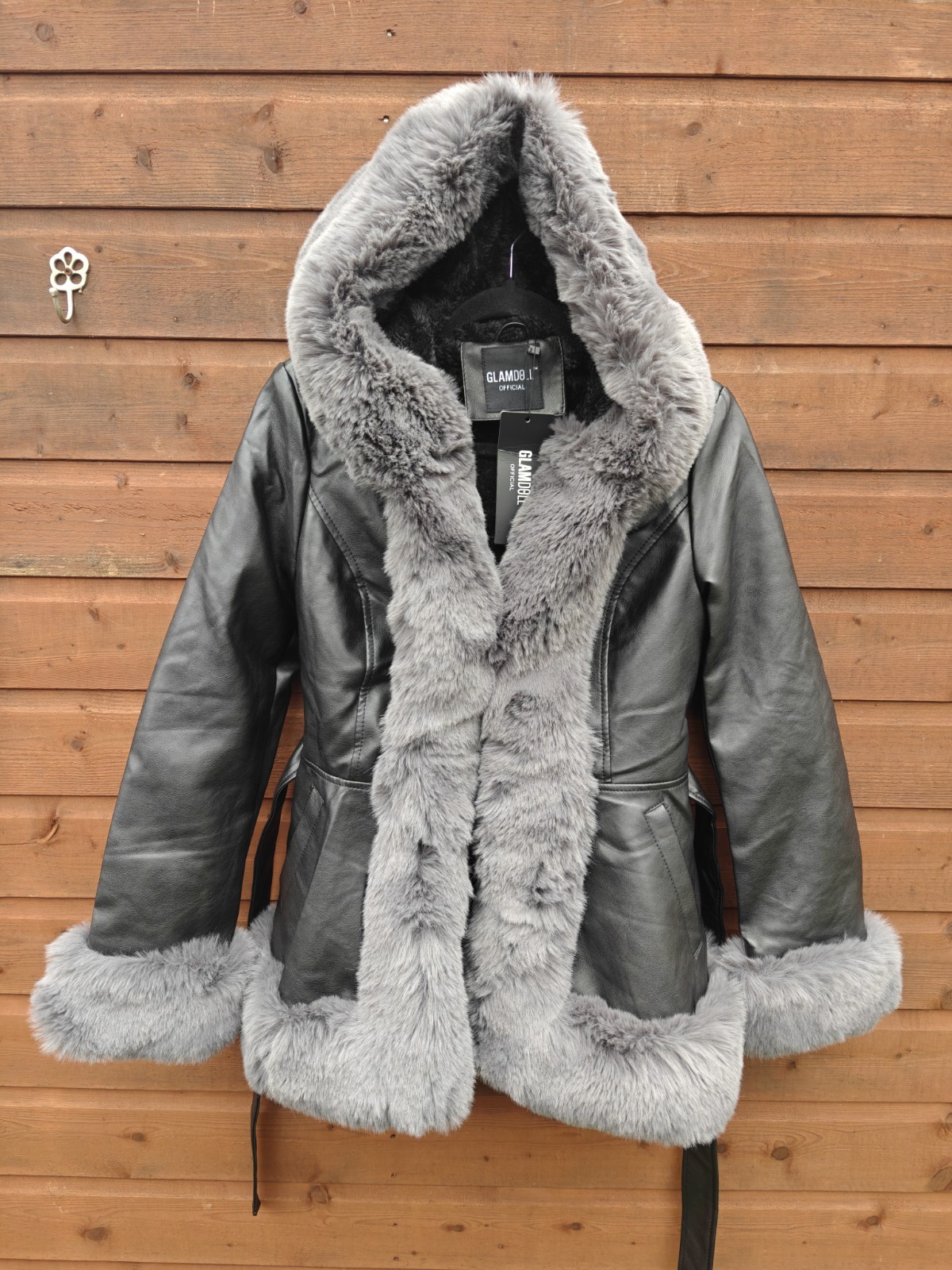 Glam Doll Black Faux Leather Grey Faux Fur Coat, Hooded, Size M Lined – New