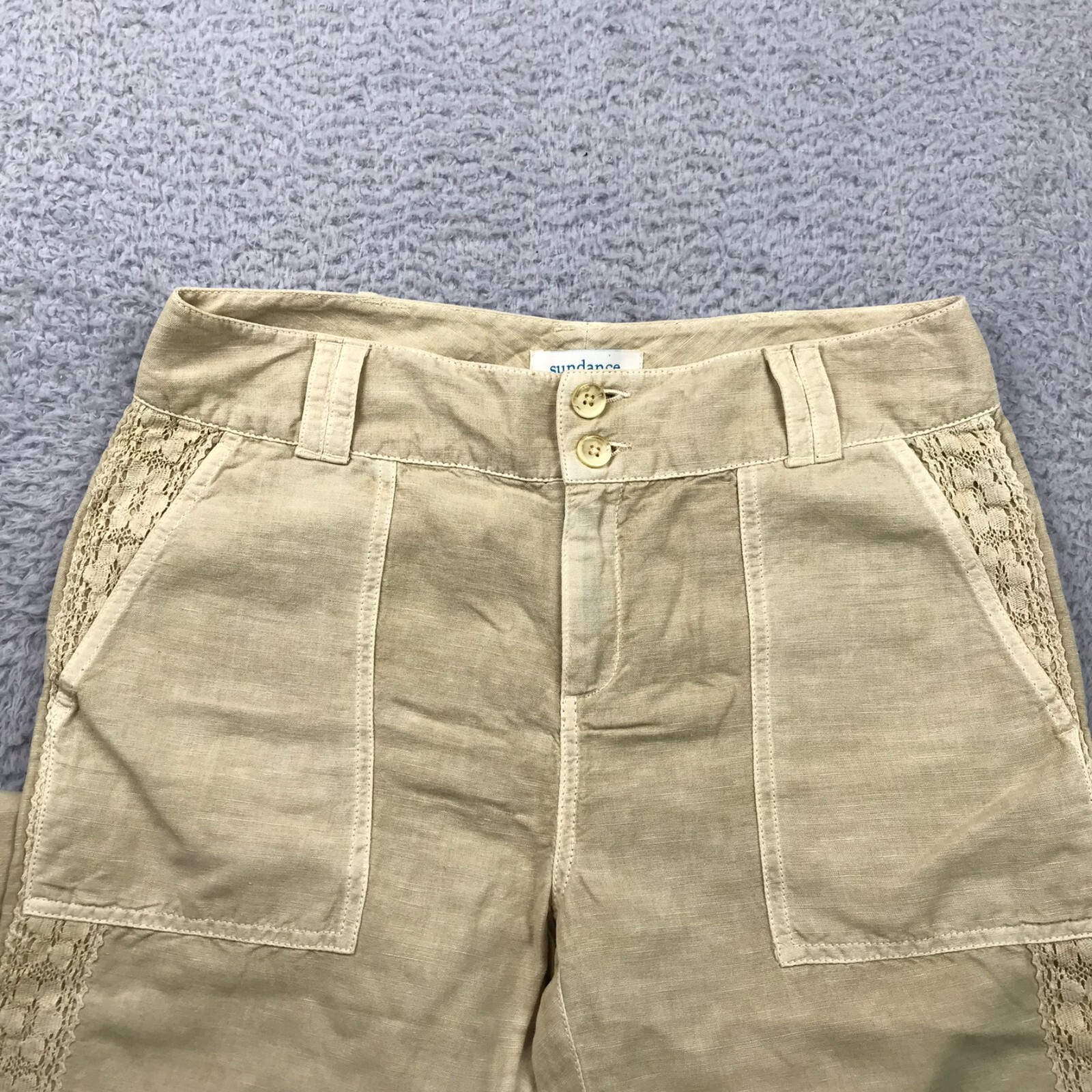 Sundance Pants Womens 8 Yellow Linen Blend Lace Trim Roll Up Patch Pockets NEW