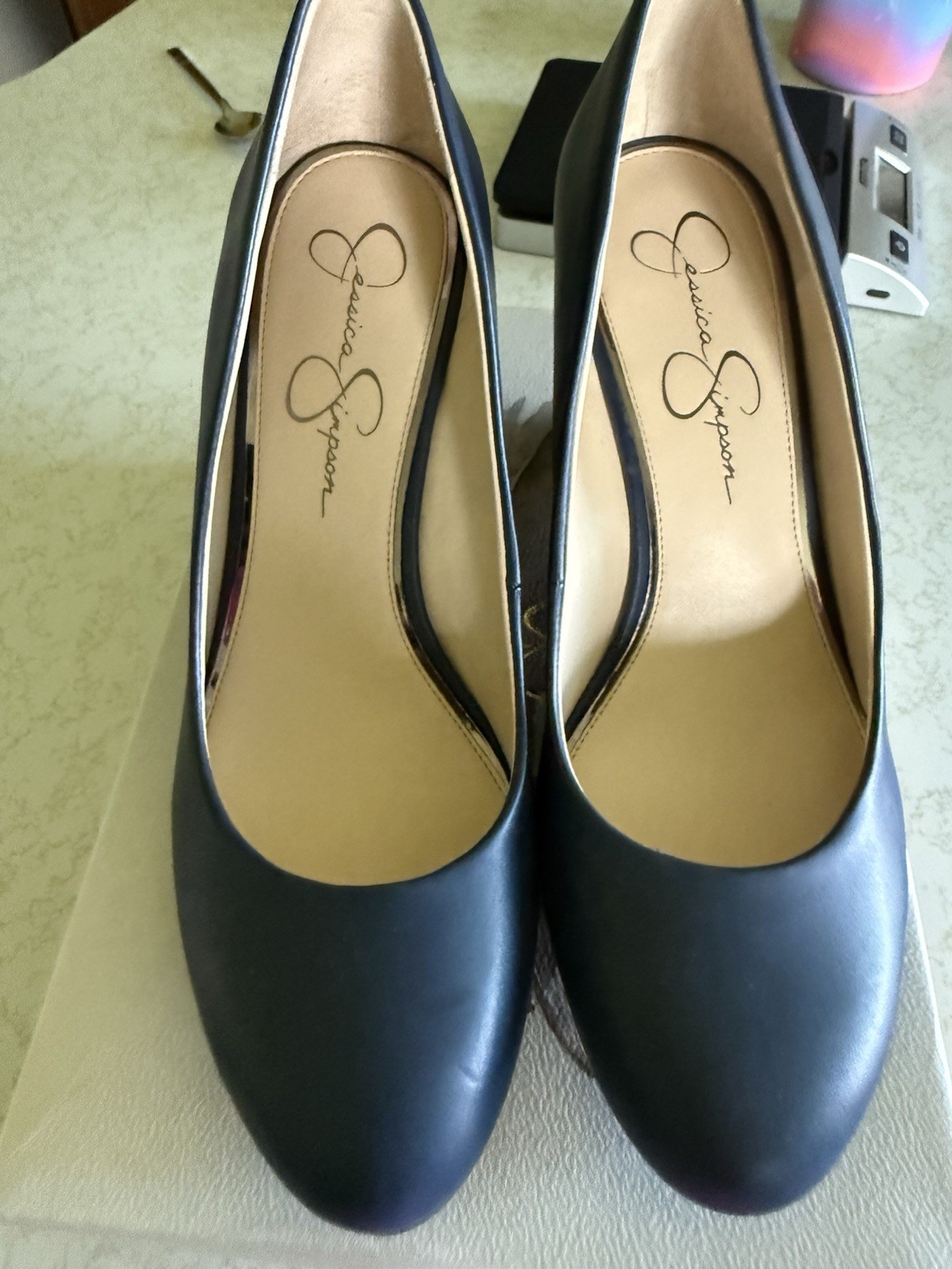 Jessica Simpson Women’s Blue Leather Wedge Pump Heels Round Toe Slip On 9M