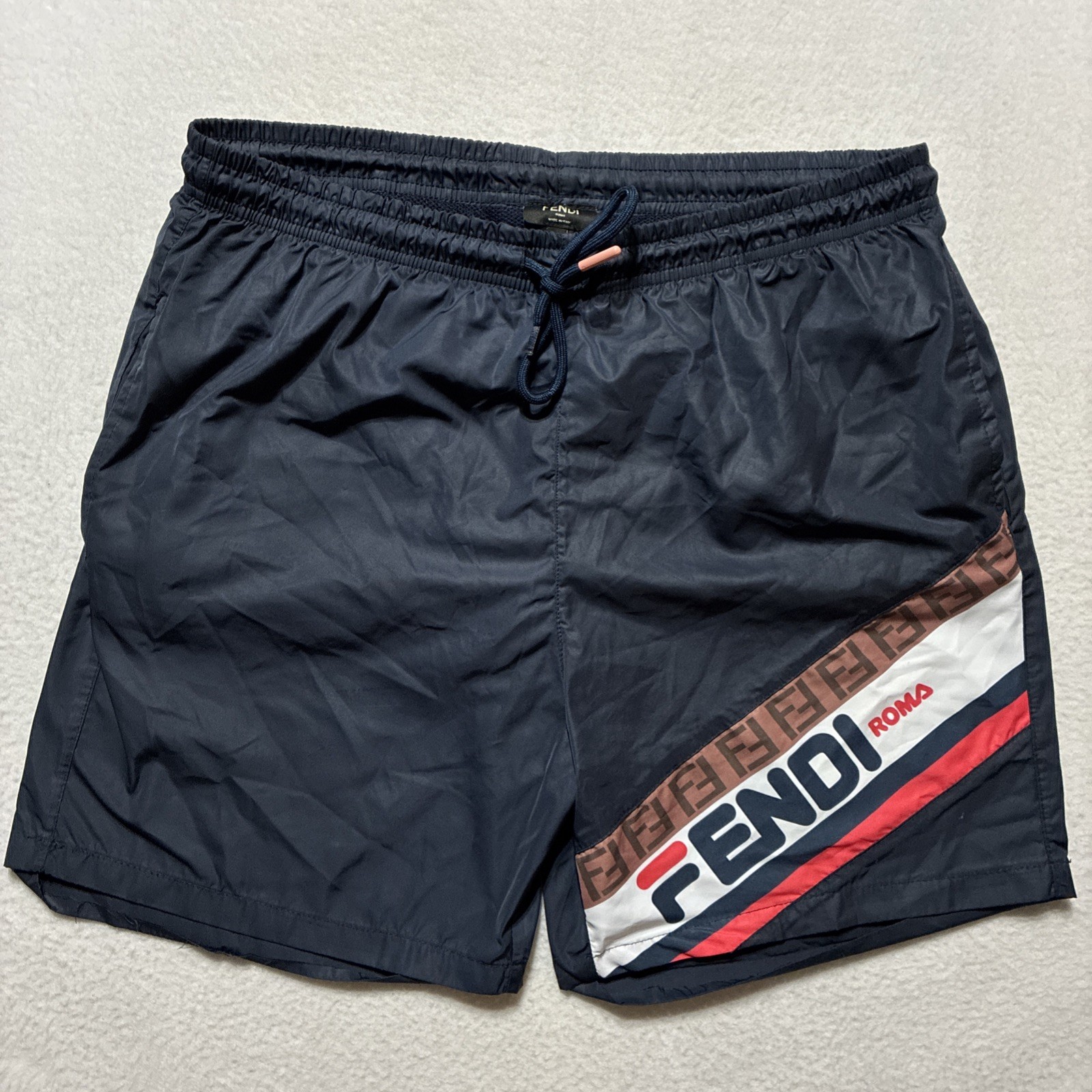 Fendi X Fila Mania Men’s Shorts RARE Logo Print Swim Trunks 2019 Collab Italy