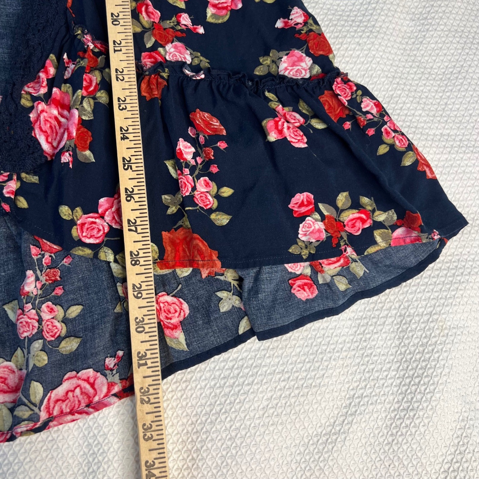 Maurices Womens Plus Size 0 Floral Kimono Cardigan Navy Blue Red Rose Lace Trim