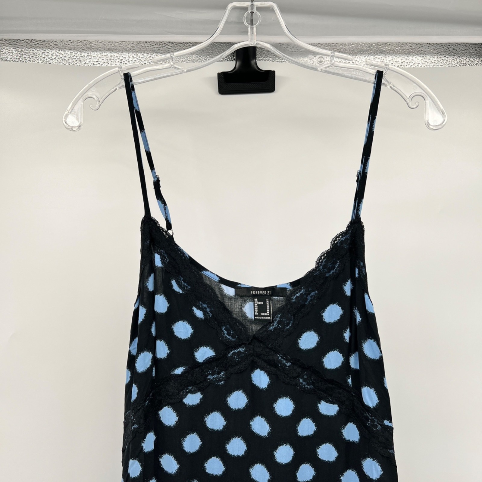 Forever 21 Polka Dot Midi Slip Dress Front Slit Black/Blue Size Medium New
