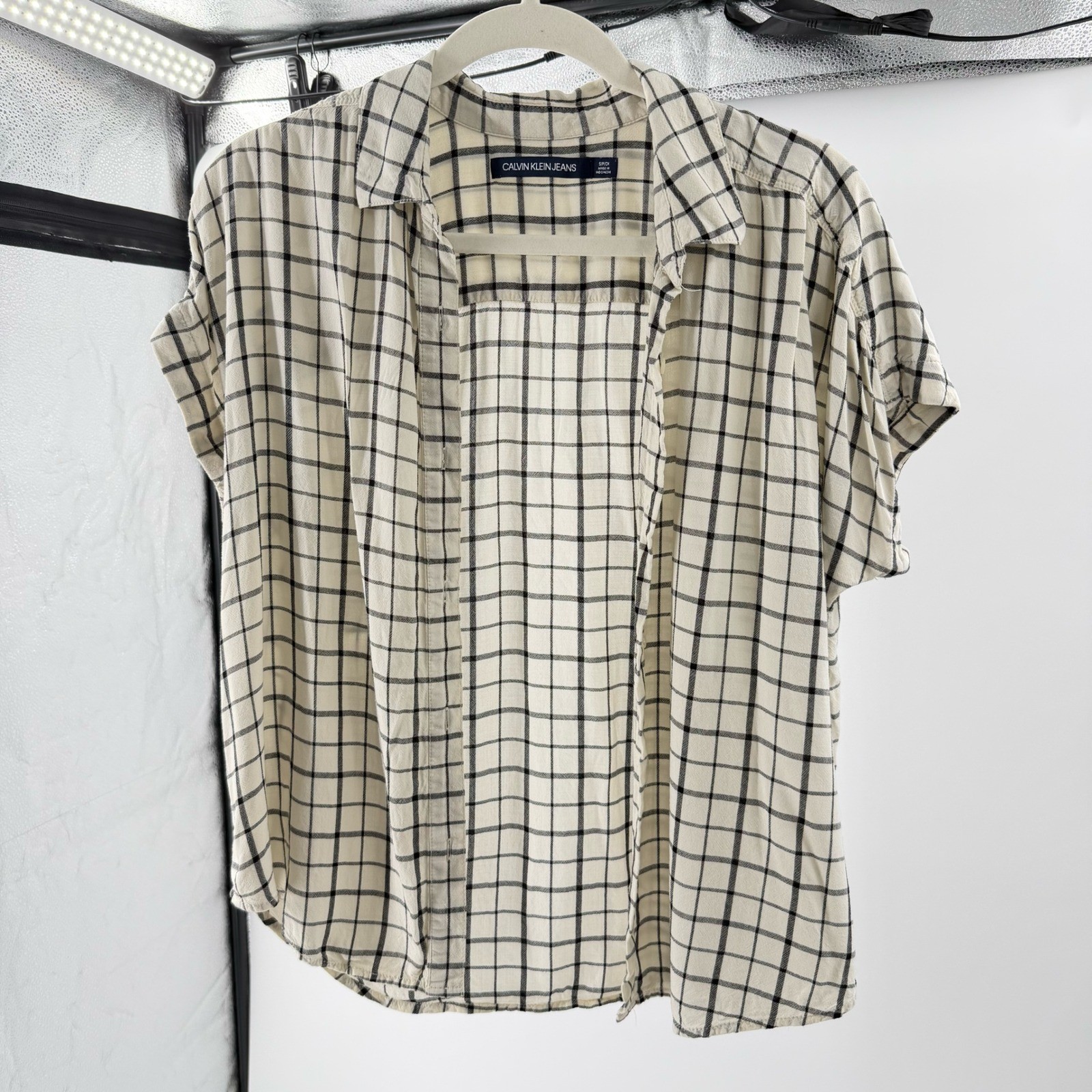 Calvin Klein Jeans Womens Cream Black Windowpane Check Viscose Shirt Small