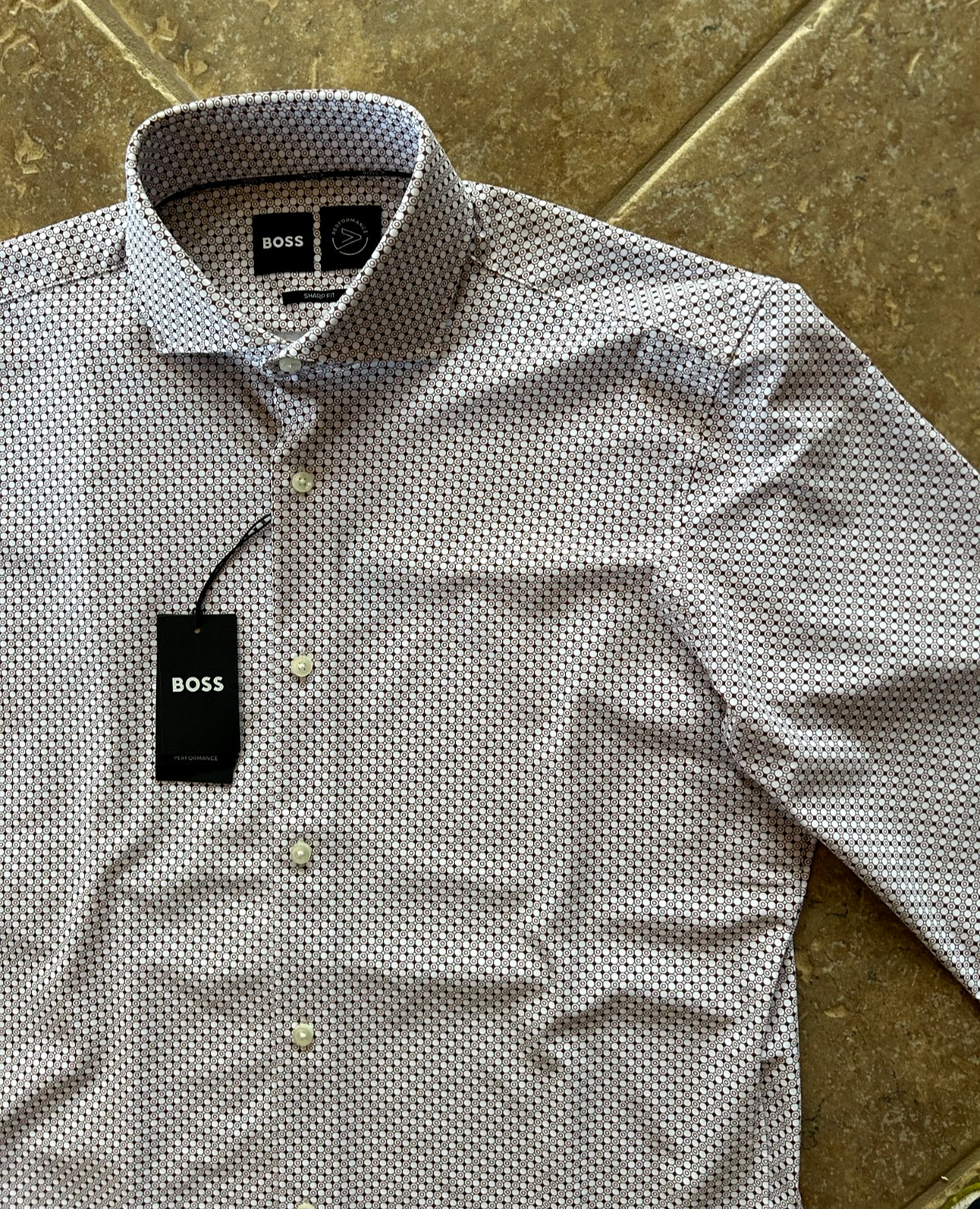 Hugo Boss Max Sharp Fit Performance Dress Shirt 16.5 32/33 Brown Geo $149 NWT