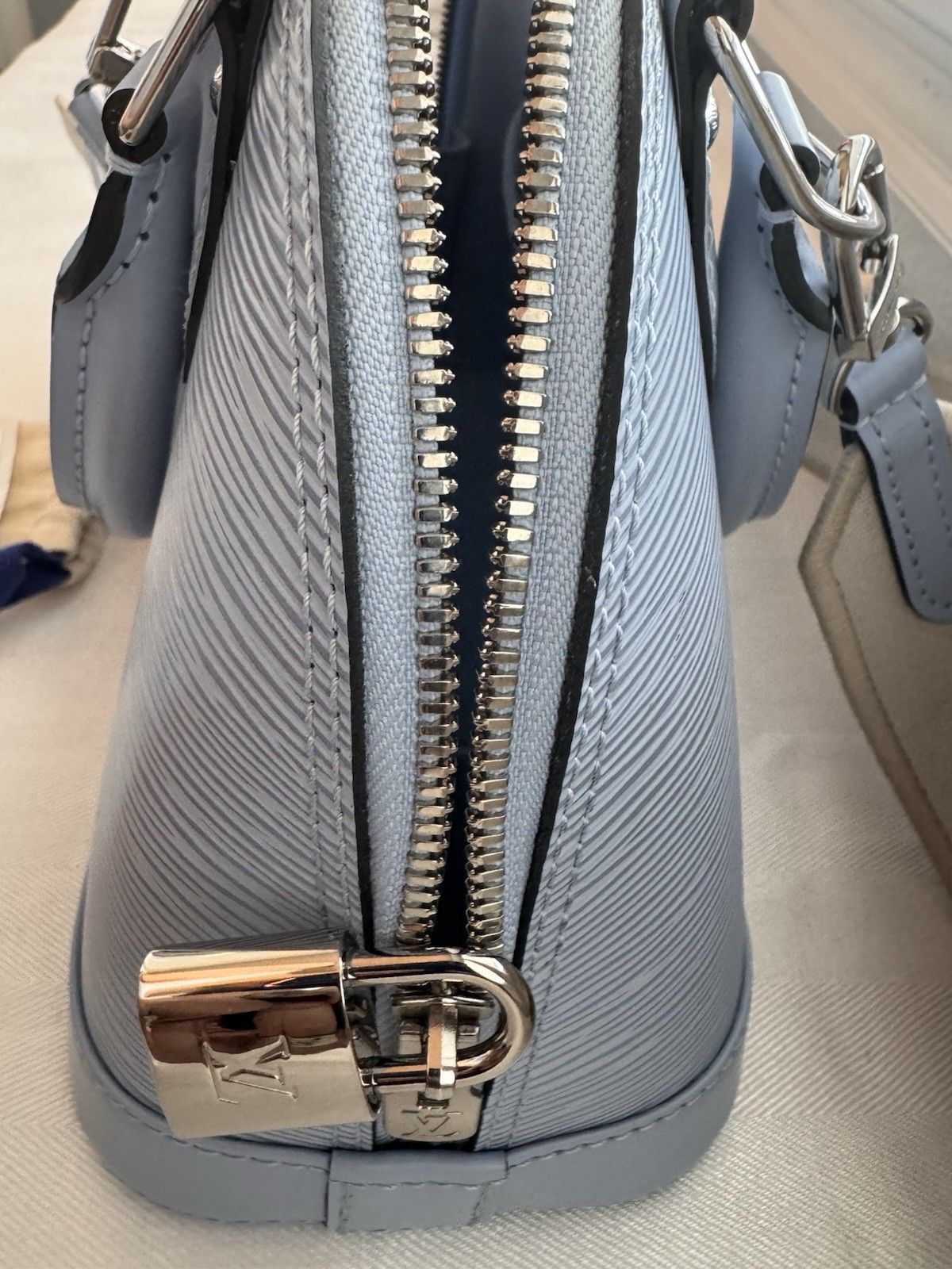 Louis Vuitton Alma Top Handle Bag BB Light Blue Epi Zip w/ Strap & Lock