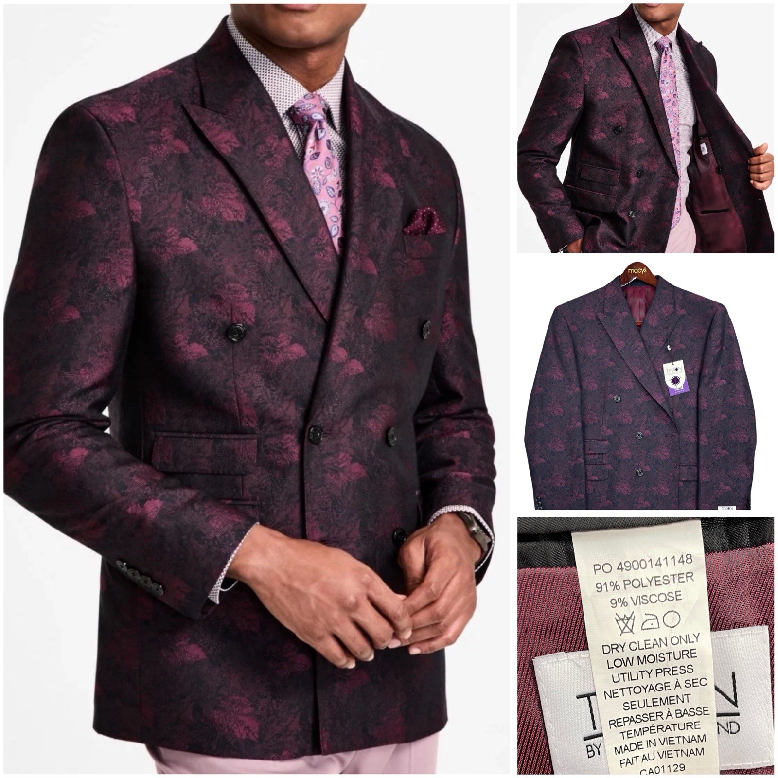 Tayion Double Breasted Wine Black Classic Fit Jacquard Dinner Jacket 46R New NWT