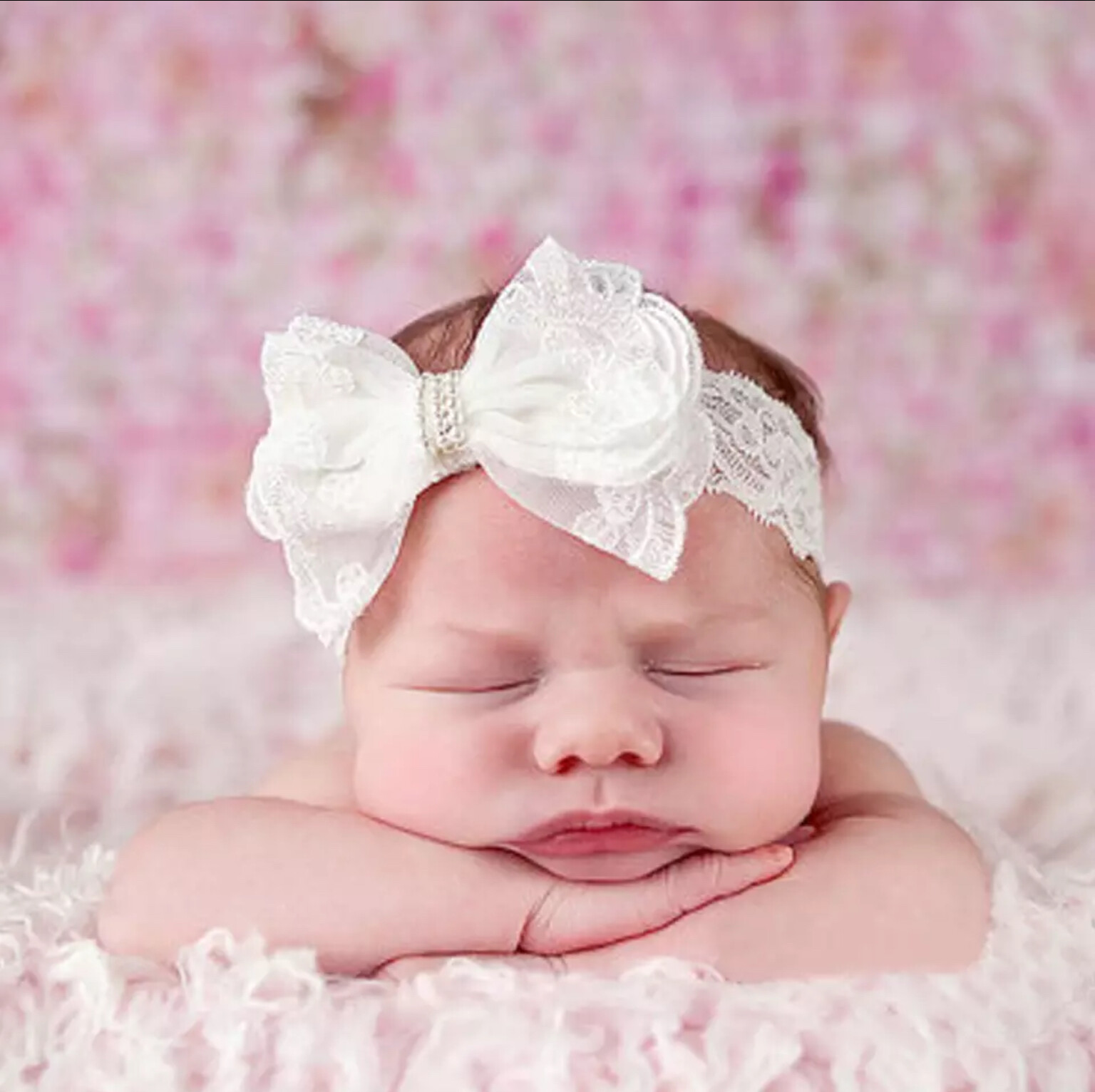 Baby Girl White Lace Bow Headband, Pearl Center, Christening, Baptism, Wedding